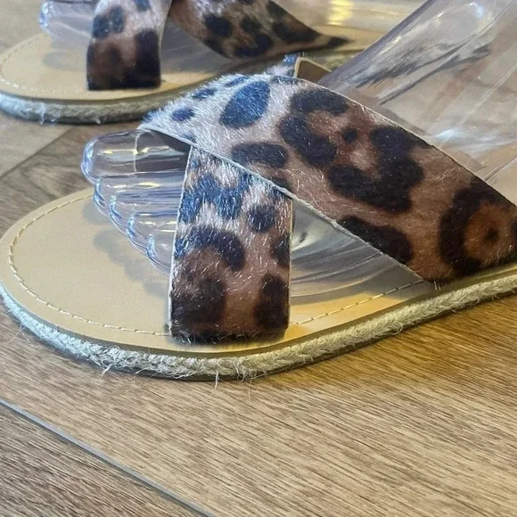 Anna women’s slide in Sandals leopard print pony hair cross cross flats new - Picture 4 of 6